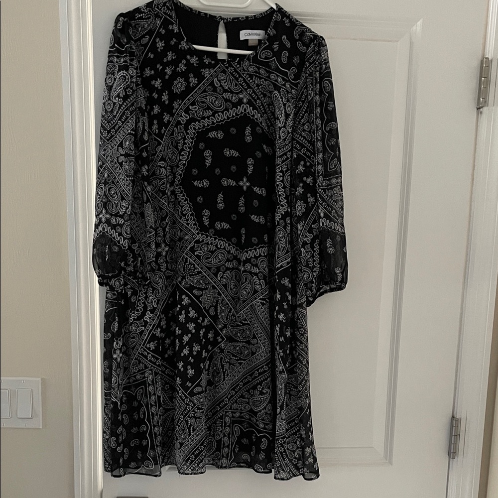 Calvin Klein Black and White Paisley Long Sleeve A-Line Dress